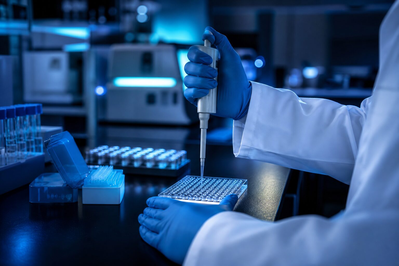 Scientist pipetting samples in a modern GenoEra molecular biology laboratory